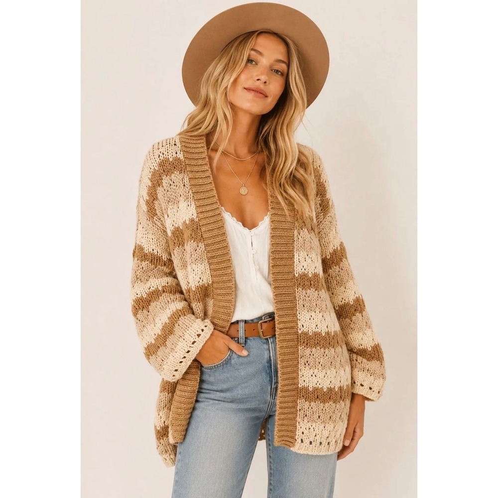 Altar'd State Stripe Chunky Knit Cardigan Brown Tan Cream Boho Oversized S Layer